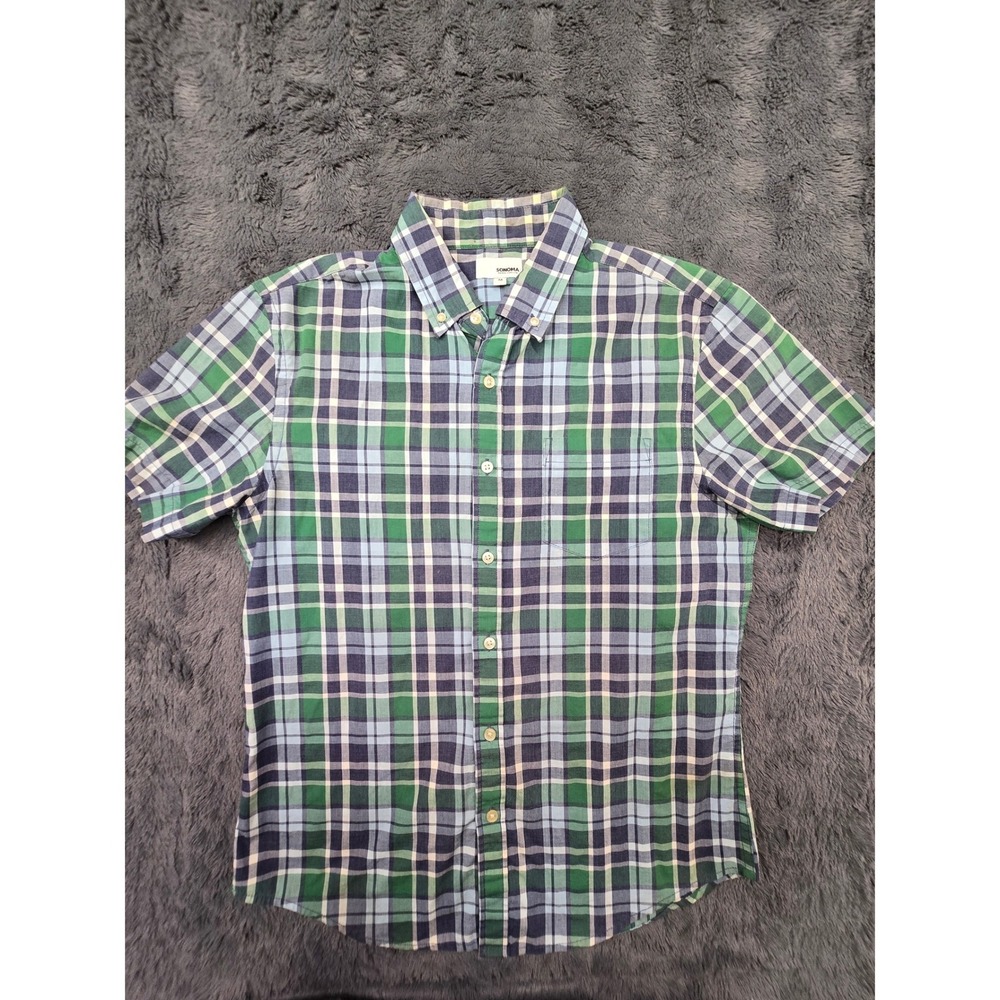 Sonoma Goods For Life Mens Plaid Short Sleeve Button Down‎ Shirt Green Blue M